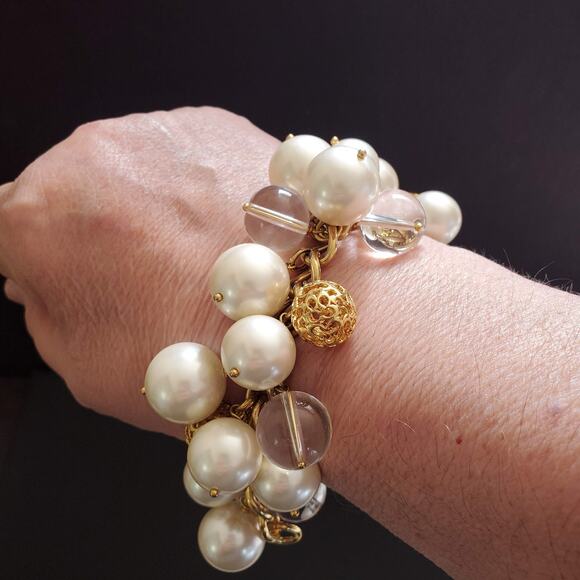 Coach Miranda Cluster Bracelet Faux Pearl Signature C Gold Tone Clear Baubles - Picture 5 of 5